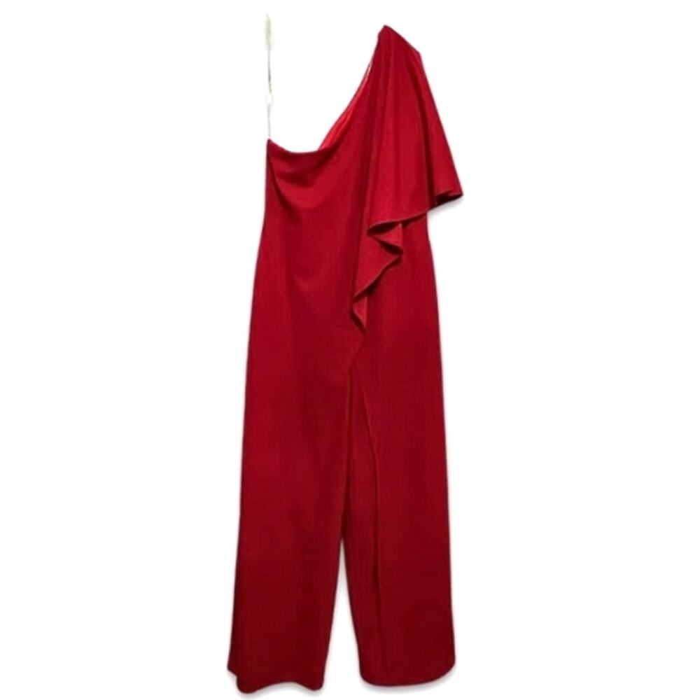 Marina Jumpsuit One Shoulder Flutter Sleeve Straight Leg Cut Red Women's 12 NWOT